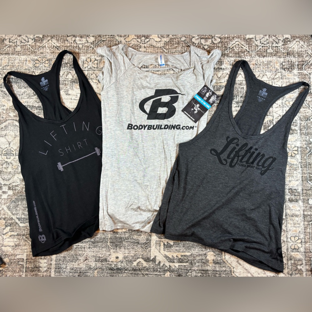 Bodybuilding.com Gym Top T-Shirt Cut Outs and 2 Tank Tops Bundle Women’s Size LG